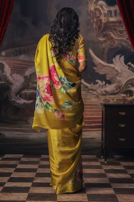 Shop Studio 113 Yellow Satin, Silk Floral Print Saree at Aza Fashions Shop_Studio 113_Yellow Satin, Silk Floral Print Saree _at_Aza_Fashions
