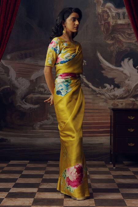 Buy Studio 113 Yellow Satin, Silk Floral Print Saree Online at Aza Fashions Buy_Studio 113_Yellow Satin, Silk Floral Print Saree _Online_at_Aza_Fashions