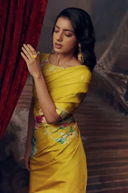 Shop Studio 113 Yellow Satin, Silk Floral Print Saree Online at Aza Fashions Shop_Studio 113_Yellow Satin, Silk Floral Print Saree _Online_at_Aza_Fashions