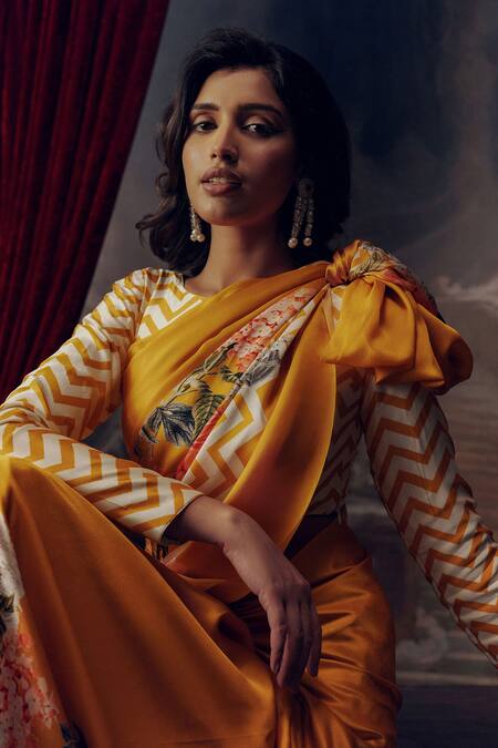 Studio 113 Orange Satin, Silk Designer Floral Saree Online at Aza Fashions Studio 113_Orange Satin, Silk Designer Floral Saree _Online_at_Aza_Fashions