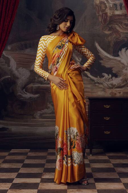 Shop Studio 113 Orange Satin, Silk Designer Floral Saree Online at Aza Fashions Shop_Studio 113_Orange Satin, Silk Designer Floral Saree _Online_at_Aza_Fashions