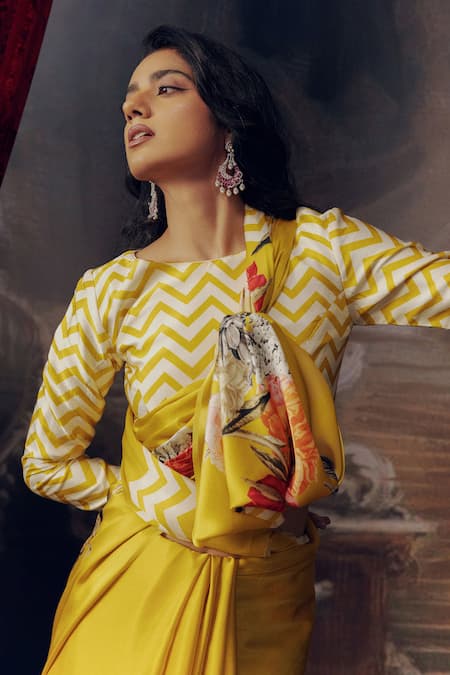 Studio 113 Yellow Satin, Silk Designer Floral Print Saree Online at Aza Fashions Studio 113_Yellow Satin, Silk Designer Floral Print Saree _Online_at_Aza_Fashions