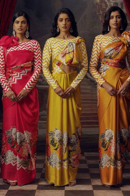 Buy Studio 113 Yellow Satin, Silk Designer Floral Print Saree Online at Aza Fashions Buy_Studio 113_Yellow Satin, Silk Designer Floral Print Saree _Online_at_Aza_Fashions