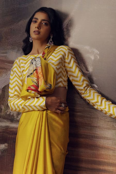 Shop Studio 113 Yellow Satin, Silk Designer Floral Print Saree Online at Aza Fashions Shop_Studio 113_Yellow Satin, Silk Designer Floral Print Saree _Online_at_Aza_Fashions