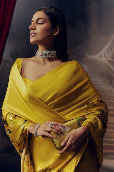 Buy_Studio 113_Yellow Satin, Silk Embroidery Canary Designer Saree _Online_at_Aza_Fashions