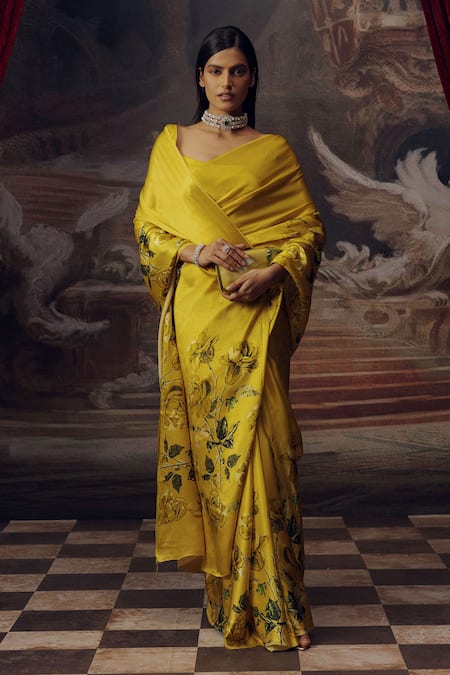 Shop_Studio 113_Yellow Satin, Silk Embroidery Canary Designer Saree _Online_at_Aza_Fashions
