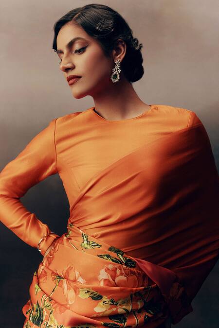 Studio 113_Orange Satin, Silk Embroidery Valencia Designer Saree _Online_at_Aza_Fashions