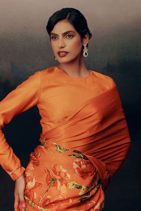 Buy_Studio 113_Orange Satin, Silk Embroidery Valencia Designer Saree _Online_at_Aza_Fashions