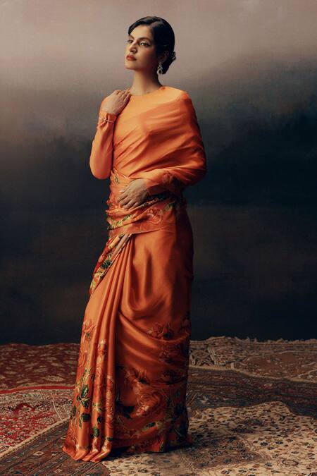 Shop_Studio 113_Orange Satin, Silk Embroidery Valencia Designer Saree _Online_at_Aza_Fashions