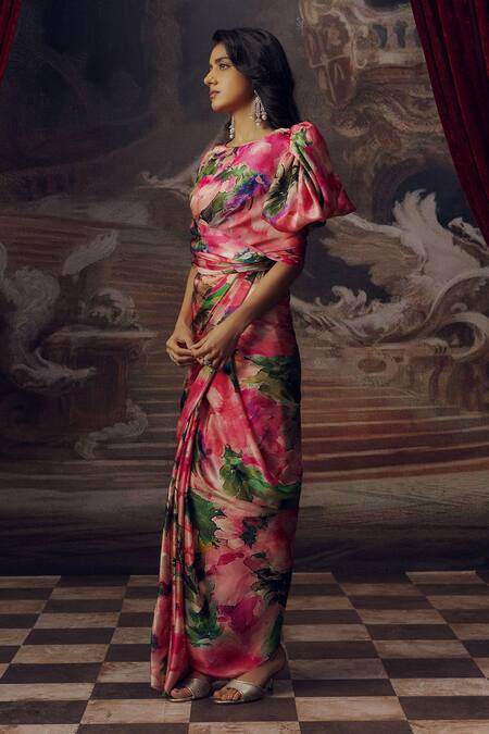 Buy_Studio 113_Fuchsia Satin Floral Print Silk Designer Saree _Online_at_Aza_Fashions