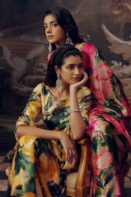 Shop_Studio 113_Fuchsia Satin Floral Print Silk Designer Saree _Online_at_Aza_Fashions