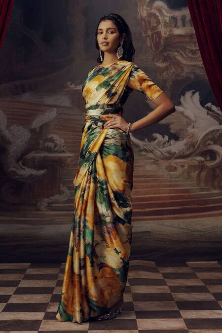 Buy Studio 113 Yellow Satin, Silk Designer Floral Print Saree Online at Aza Fashions Buy_Studio 113_Yellow Satin, Silk Designer Floral Print Saree _Online_at_Aza_Fashions