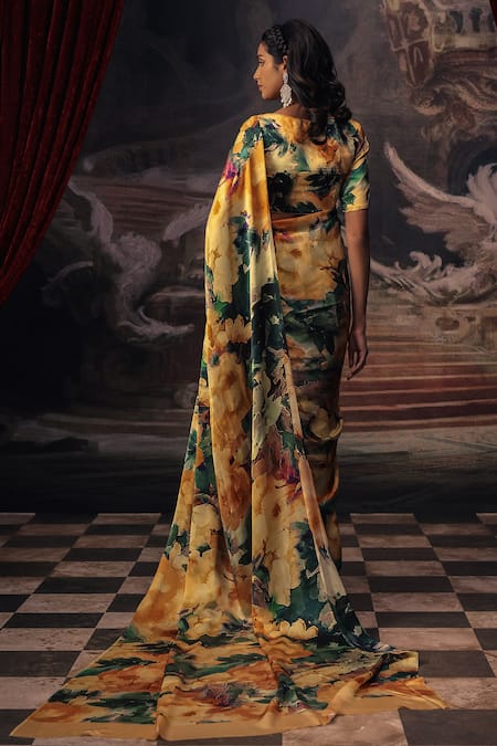 Shop Studio 113 Yellow Satin, Silk Designer Floral Print Saree at Aza Fashions Shop_Studio 113_Yellow Satin, Silk Designer Floral Print Saree _at_Aza_Fashions