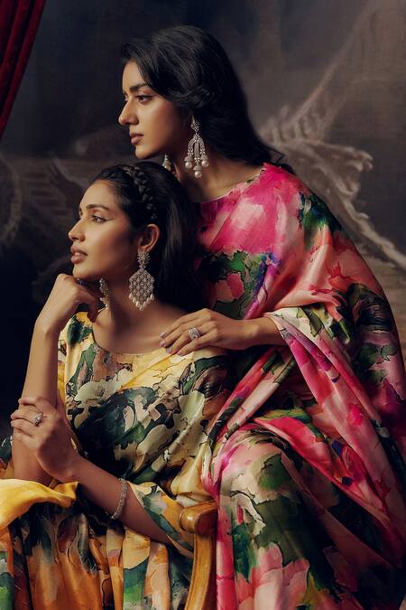 Shop Studio 113 Yellow Satin, Silk Designer Floral Print Saree Online at Aza Fashions Shop_Studio 113_Yellow Satin, Silk Designer Floral Print Saree _Online_at_Aza_Fashions