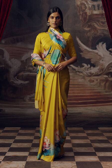 Studio 113_Yellow Satin, Silk Canary Floral Saree _Online_at_Aza_Fashions
