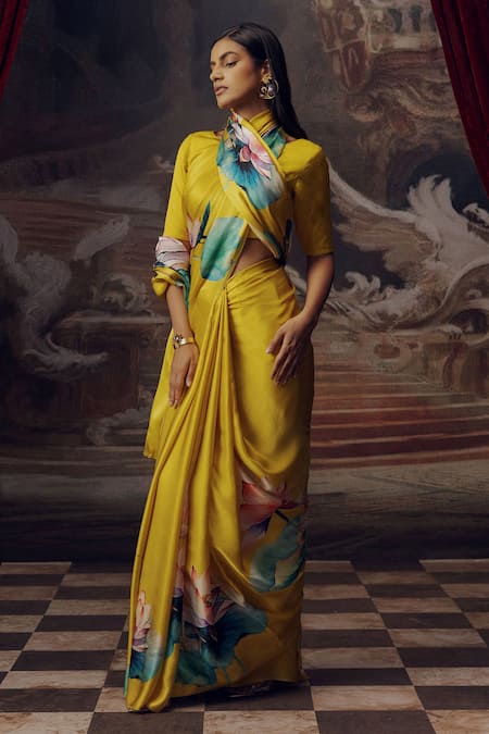 Studio 113 Yellow Satin, Silk Canary Floral Saree 