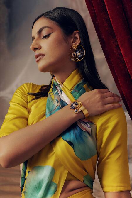 Buy_Studio 113_Yellow Satin, Silk Canary Floral Saree _Online_at_Aza_Fashions