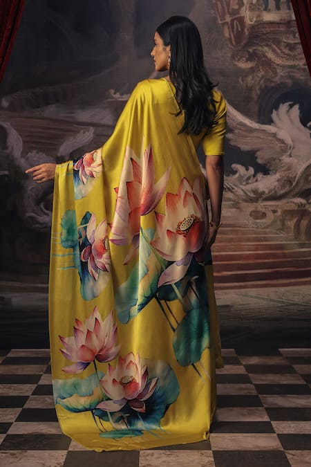Shop_Studio 113_Yellow Satin, Silk Canary Floral Saree _at_Aza_Fashions