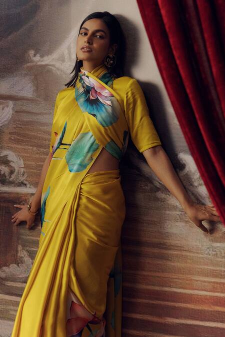 Shop_Studio 113_Yellow Satin, Silk Canary Floral Saree _Online_at_Aza_Fashions