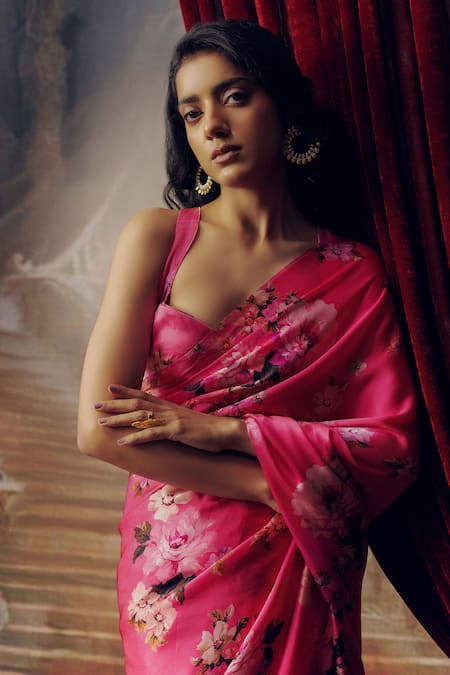Buy_Studio 113_Fuchsia Satin Floral Silk Designer Saree _Online_at_Aza_Fashions