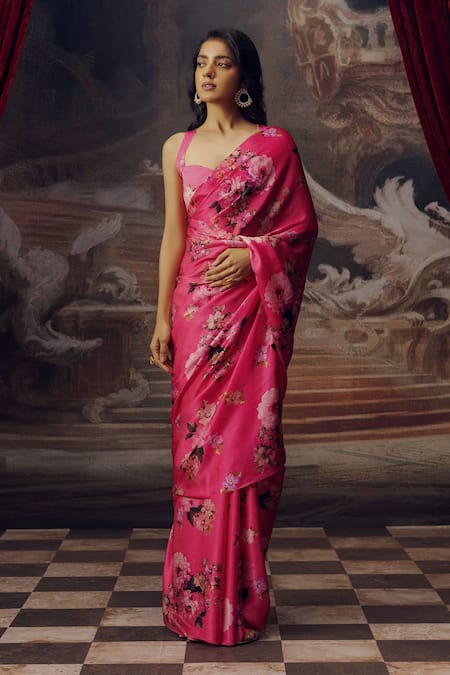 Shop_Studio 113_Fuchsia Satin Floral Silk Designer Saree _Online_at_Aza_Fashions