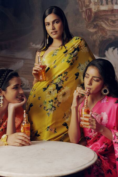 Studio 113_Yellow Satin, Silk Floral Print Saree _Online_at_Aza_Fashions