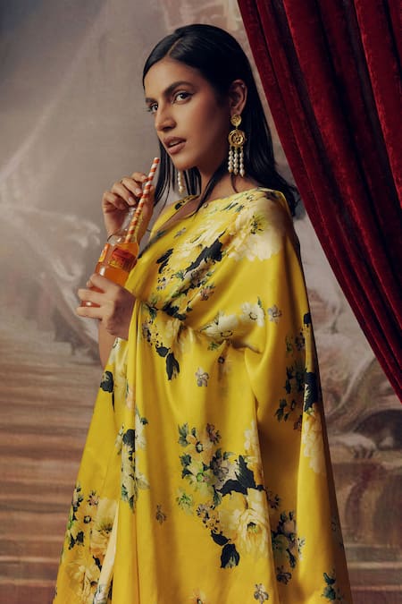 Buy_Studio 113_Yellow Satin, Silk Floral Print Saree _Online_at_Aza_Fashions