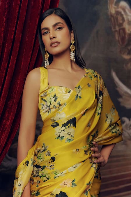 Shop_Studio 113_Yellow Satin, Silk Floral Print Saree _Online_at_Aza_Fashions