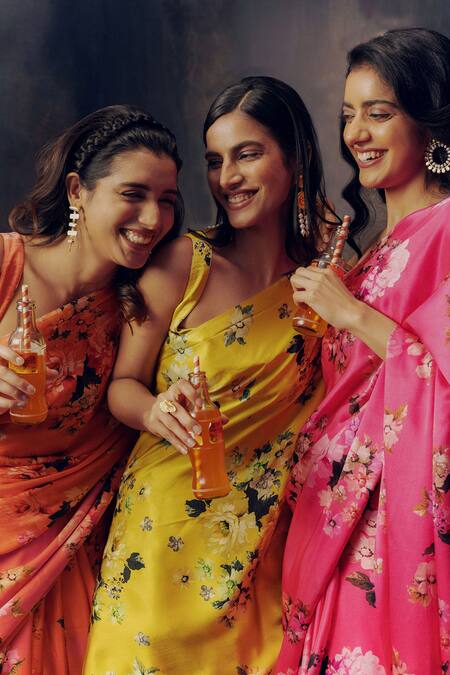 Shop_Studio 113_Orange Satin, Silk Floral Print Saree _Online_at_Aza_Fashions