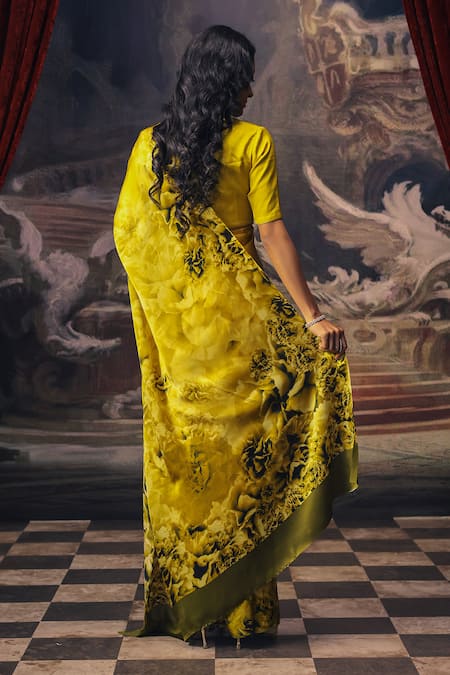 Studio 113 Canary Yellow Satin Silk Designer Saree 