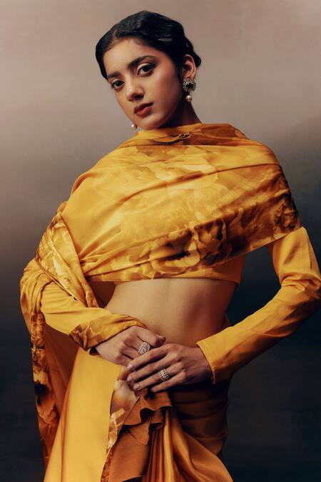 Studio 113_Orange Satin Embroidery Designer Silk Saree _Online_at_Aza_Fashions