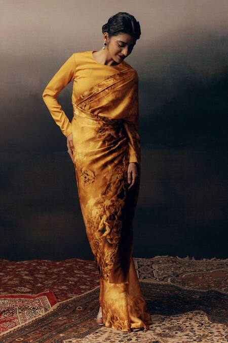 Shop_Studio 113_Orange Satin Embroidery Designer Silk Saree _Online_at_Aza_Fashions