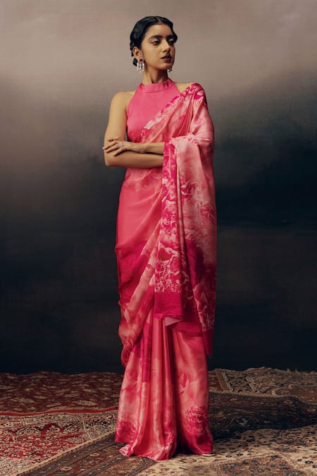 Shop_Studio 113_Fuchsia Satin, Silk Designer Fuschia Pink Saree _Online_at_Aza_Fashions