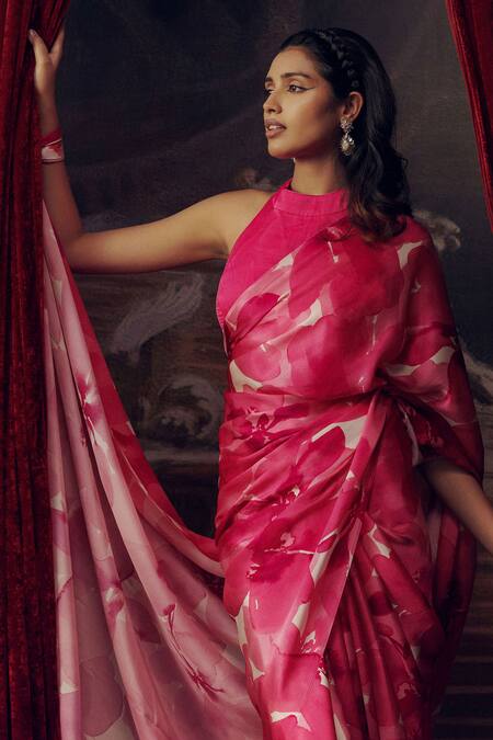 Studio 113_Fuchsia Satin, Silk Fuschia Pink Designer Saree _Online_at_Aza_Fashions