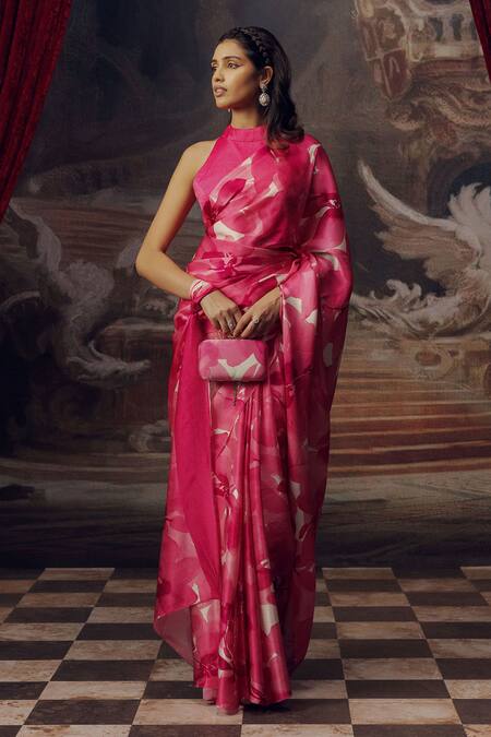 Shop_Studio 113_Fuchsia Satin, Silk Fuschia Pink Designer Saree _Online_at_Aza_Fashions