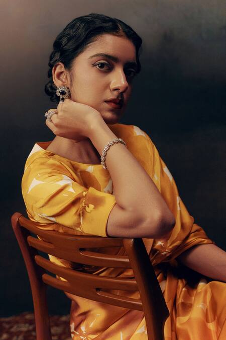 Studio 113_Orange Satin, Silk Designer Saree _Online_at_Aza_Fashions