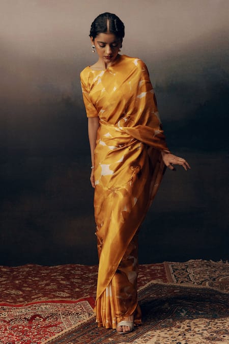 Shop_Studio 113_Orange Satin, Silk Designer Saree _Online_at_Aza_Fashions