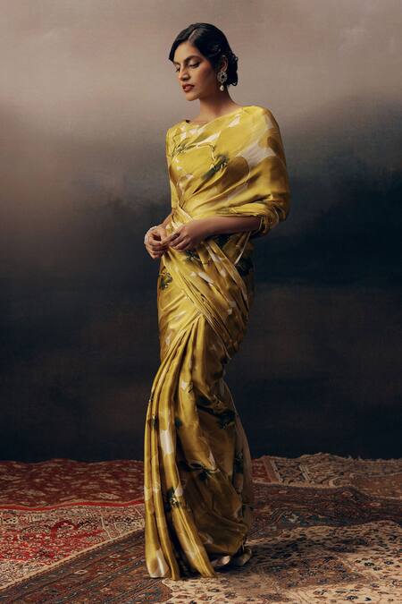 Shop_Studio 113_Lime Satin, Silk Designer Saree _Online_at_Aza_Fashions