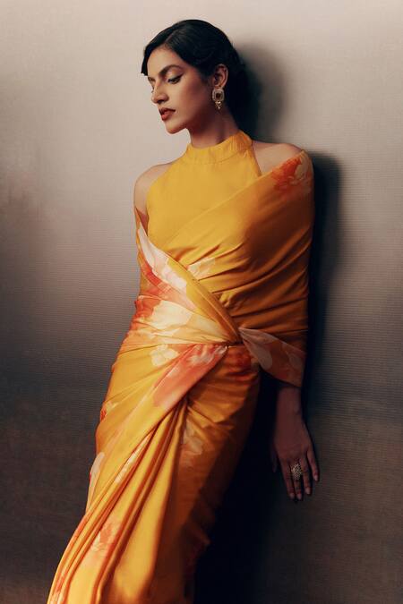 Studio 113_Orange Satin, Silk Designer Saree _Online_at_Aza_Fashions