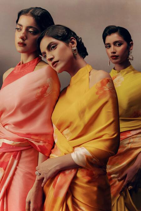 Buy_Studio 113_Orange Satin, Silk Designer Saree _Online_at_Aza_Fashions