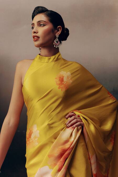 Studio 113_Yellow Satin, Silk Floral Print Saree _Online_at_Aza_Fashions