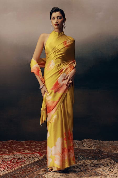 Studio 113 Yellow Satin, Silk Floral Print Saree 