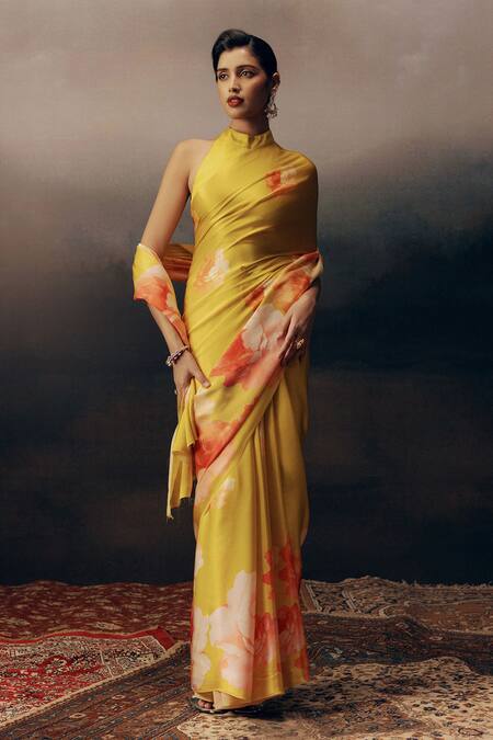 Buy_Studio 113_Yellow Satin, Silk Floral Print Saree _Online_at_Aza_Fashions