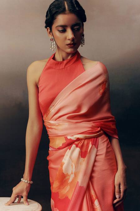 Studio 113 Fuchsia Satin, Silk Floral Print Saree Online at Aza Fashions Studio 113_Fuchsia Satin, Silk Floral Print Saree _Online_at_Aza_Fashions