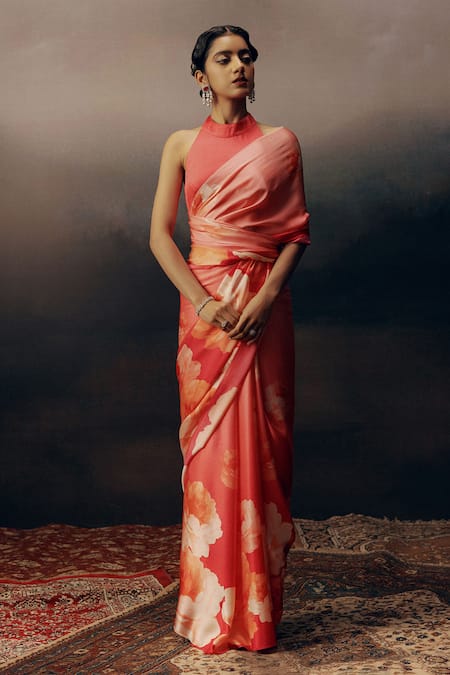 Buy Studio 113 Fuchsia Satin, Silk Floral Print Saree Online at Aza Fashions Buy_Studio 113_Fuchsia Satin, Silk Floral Print Saree _Online_at_Aza_Fashions