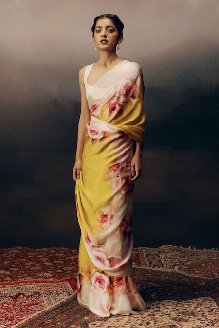 Studio 113 Yellow Satin, Silk Floral Print Saree 