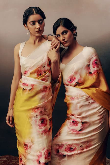 Buy_Studio 113_Yellow Satin, Silk Floral Print Saree _Online_at_Aza_Fashions