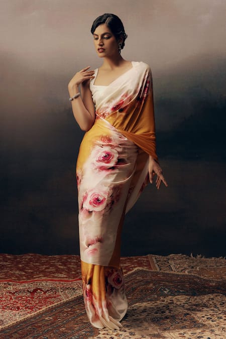 Studio 113 Orange Satin, Silk Designer Floral Saree 