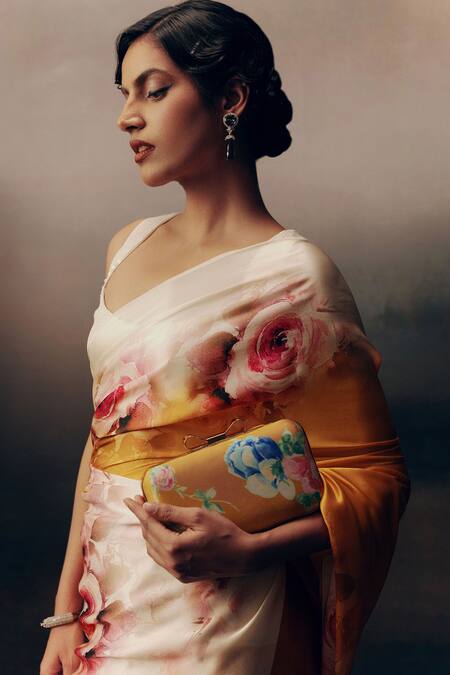 Studio 113_Orange Satin, Silk Designer Floral Saree _Online_at_Aza_Fashions