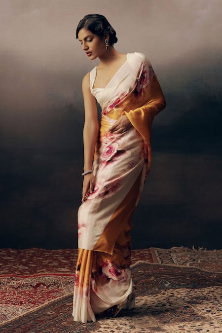 Shop_Studio 113_Orange Satin, Silk Designer Floral Saree _Online_at_Aza_Fashions